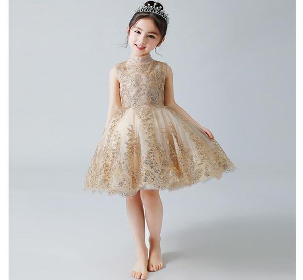 

sparkly gold sequined flower girls dresses for weddings beaded short toddler pageant gowns high neck knee length tulle kids prom d6281512, White;blue