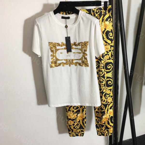 

23ss womens designer clothing women pants sets casual suit gold thread sequin embroidery letter hort sleeve t-shirt print elastic-waist slac, White