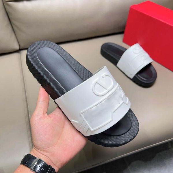 

with box slippers mens womens slider slides sandals rubber designer flat sole slipper paris piscine pool slide sandal 3d embossing logo slid, Black