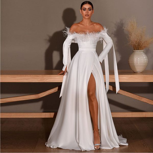 

elegant wedding dresses 2023 boat neck long sleeve feather a line bridal gowns pleat bow tie strap high split vestidos de novia, White