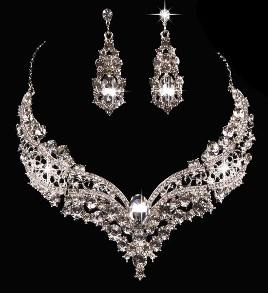 

wedding bridal queen alloy shiny rhinestone crystal necklace earrings jewelry set for women7321144, Silver