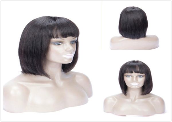 

glueless human hair wigs with bangs for black women pre plucked malaysian remy straight short bob wig pixie cut front lace closure6313937, Black;brown