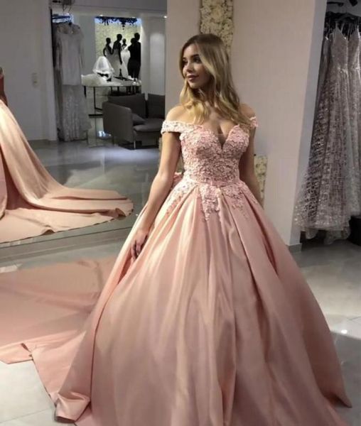 

modest pink flowers vestidos de quinceanera dresses deep v neck off the shoulder satin with train ball gown prom sweet 16 dr9530857, Blue;red