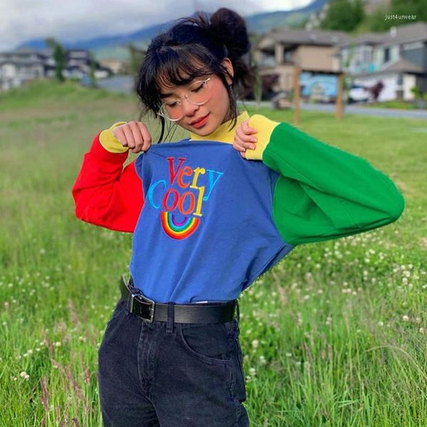 

rainbow letter print oversized turtleneck sweatshirt hoodies women streetwear color patchwork long sleeve pullover autumn loose, Black