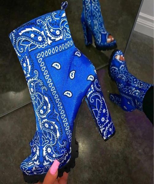 

new women casual ankle boots platform ladies print leather bandana graffiti shoes zip footwear ladies peep toe shoes big size 438872915, Black
