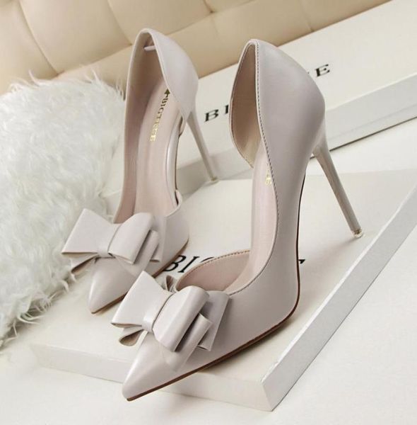 

pumps fashion show sweet bow shoes high heels stiletto shallow mouth pointed side hollow1454528, Black