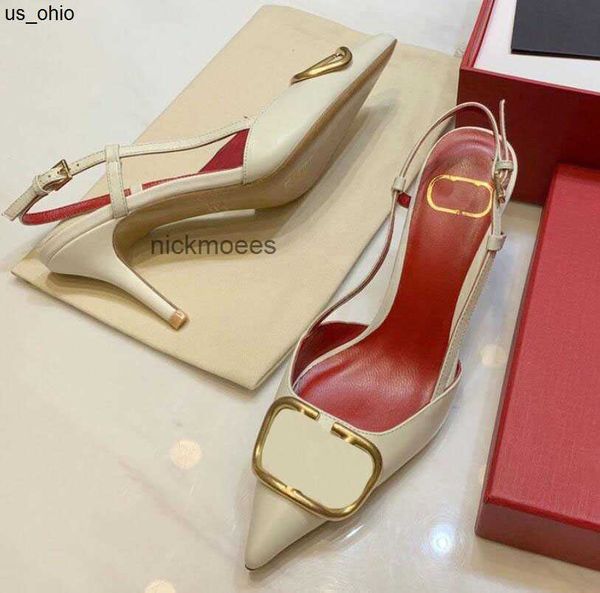 

sandals new pointed toe stiletto sandals female hollow metal vbuckle baotou leather highheeled shoes 6cm 8cm j0523, Black