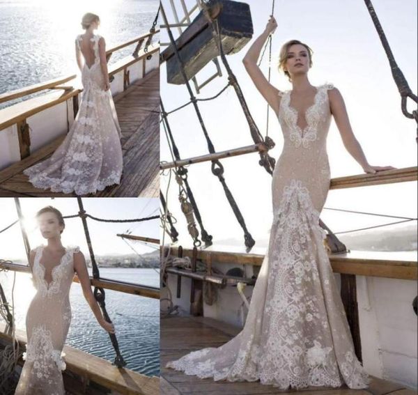 

charming mermaid lace wedding dresses 3d appliques deep vneck sequined bridal gowns sweep train tulle trumpet backless wedding dr5017633, White