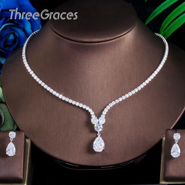 

necklace threegraces new design luxury cubic zirconia water drop pendant necklace earrings set for women dress jewelry js647, Silver