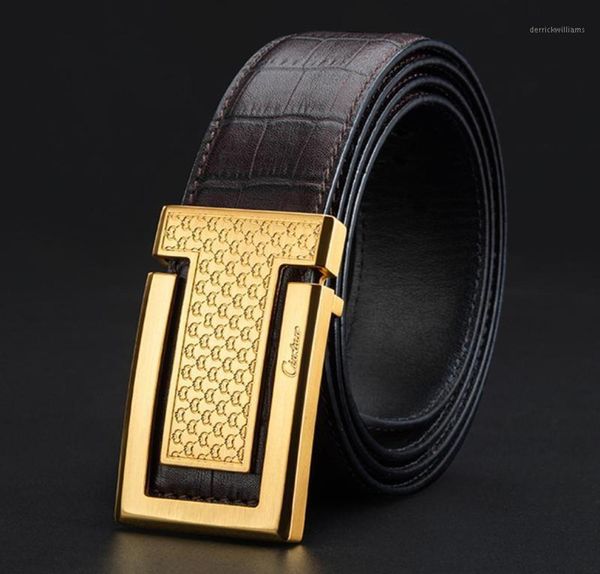 

ciartuar men belt for jeans casual waist belt smooth buckle genuine leather gold metal11514068, Black;brown