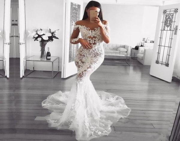 

gorgeous 2019 mermaid wedding dresses dubai arabic beaded lace applique sheer neck illusion long sleeves chapel bridal gowns vesti2856708, White