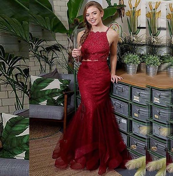 

new evening dresses long halter multilayered tulle beaded prom gown 2 piece formal party dress robe de soiree3152698, Black;red