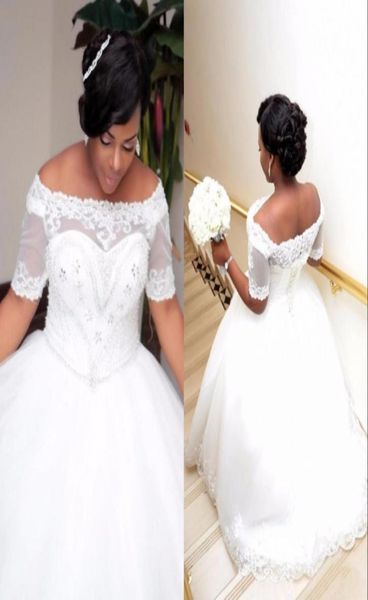 

african plus size white ivory ball gown wedding dresses with short sleeves laceup boat neck beaded crystals wedding gowns2111368