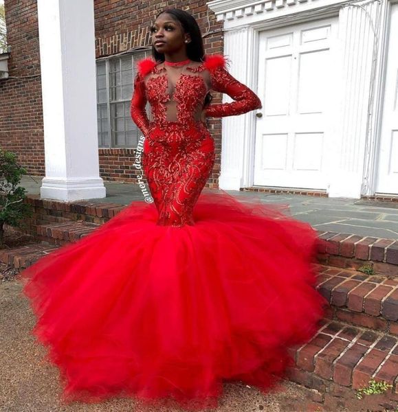 

2022 sparkly dark red sequined lace feather mermaid prom dresses for black girl sequins long sleeve jewel neck illusion forma9393316