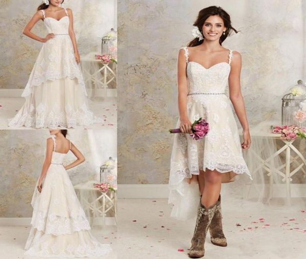 

lace country wedding dresses with detachable train high low short bridal dress gown floor length multi layers garden bohemian wedd1148493, White