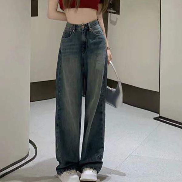 

women's jeans rimocy vintage wide leg cargo jean autumn high waist bagge pants woman y2k streetwear loose denim trousers female 230522, Blue