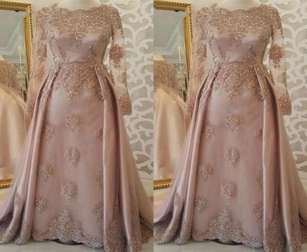 

2019 modest long sleeve evening dress elegant arabic dubai a line soft pink holiday women wear formal party prom gown plus size5966906, Black;red