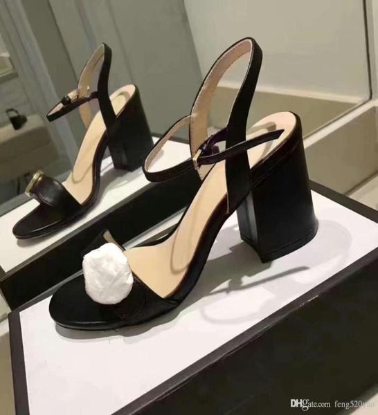 

classic high heeled sandals women shoes coarse heel leather luxury high heels dress shoes sandals platform slipper women shoe bag03619066, Black