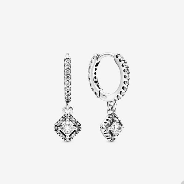 

square sparkle hoop earrings for pandora 925 sterling silver wedding earring set designer jewelry for women crystal diamond pendant earring, Golden;silver