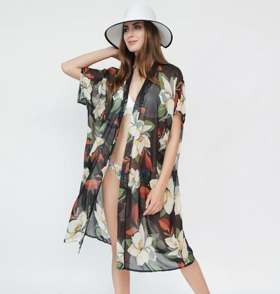 

fashion folral printed cardigan bikini cover up chiffon summer beach dress swimwear women kaftan tunic shawl swimsuit sarongs5282566, Blue;gray