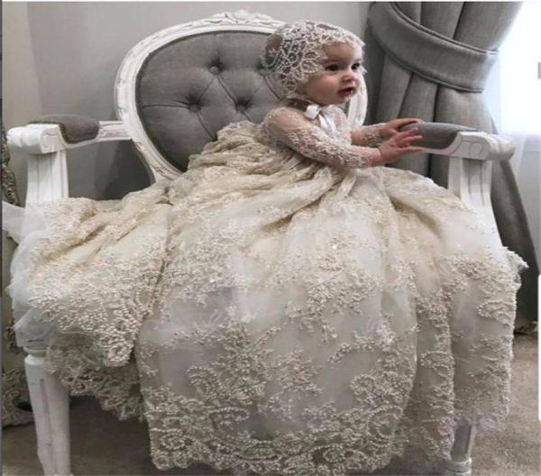 

luxury white ivory christening gown lace pearls baby girls baptism dresses toddler infant christening dress with bonnet9616611