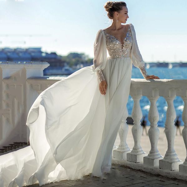

chic sheer neck hollow back a line wedding dresses sequin appliques bridal gown chiffon boho glitter vestidos de novia with puffy sleeve, White