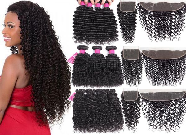 

9a brazilian virgin hair bundles with closures 4x4 lace closure or 13x4 lace frontal closure kinky curly deep wave bundles with cl9726209, Black