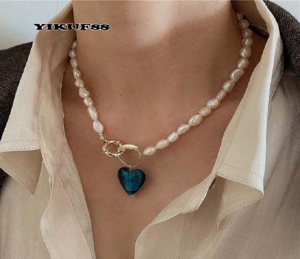 

yikuf88 s925 sterling silver women vintage natural pearl blue love geometric baroque female necklace2078167