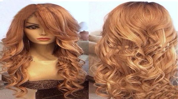 

honey blonde full lace wig human hair loose wave virgin brazilian wavy lace front human hair wig with bangs baby hair color 271285945, Black;brown