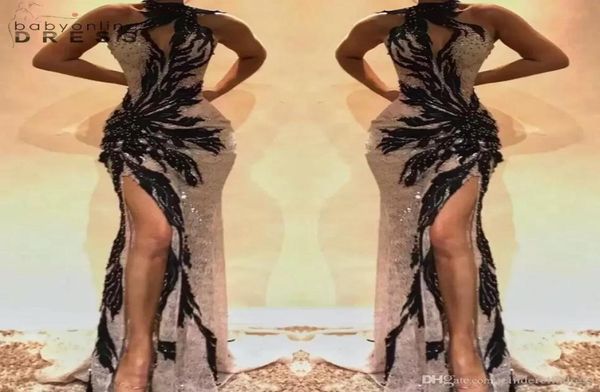 

sparkly mermaid prom dresses 2022 high split keyhole neck crystal beaded backless evening gowns hollow out front celebrity dr4176184, Black