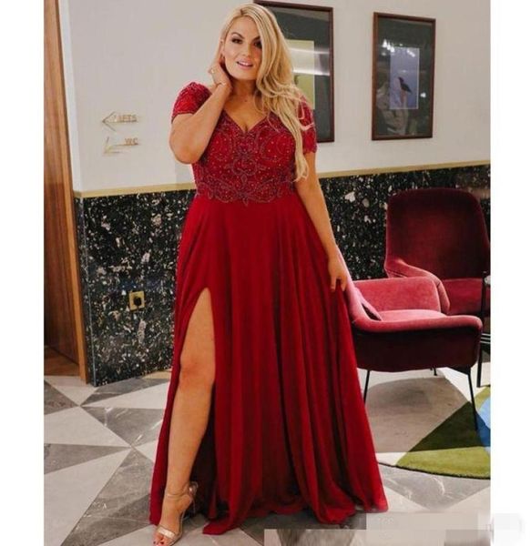 

dark red plus size evening dresses short sleeves v neck luxury beaded sequins side slit floor length a line custom made formal pro5144233, Black;red