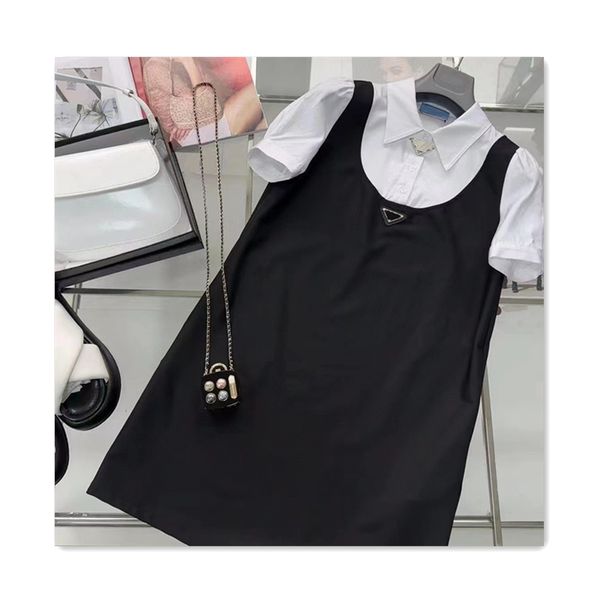 

women dresses designer skirt lapel splice fake two pieces h shaped triangle logo womens long dress waist girl slim puffy princess dresses ve, Black;gray