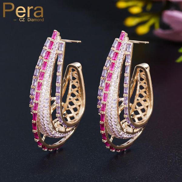 

huggie pera chunky red purple link cz dubai gold color big statement round circle hoop earring for brides wedding ornament jewelry e663, Golden;silver