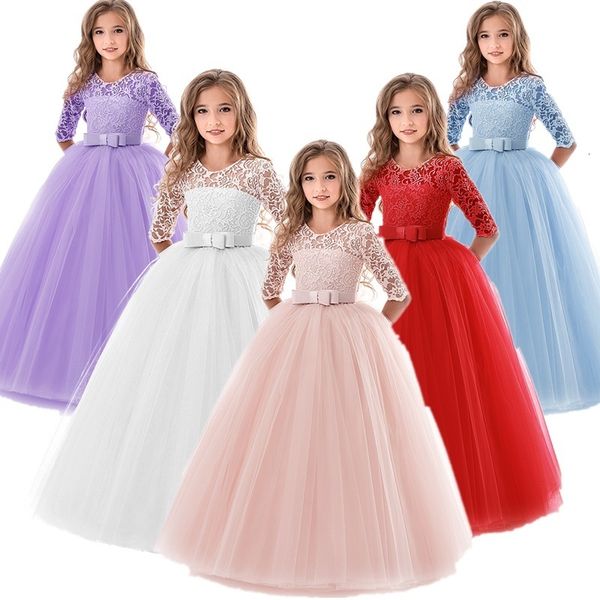 

girls dresses flower girl wedding banquet lace long dress for kids elegant puffy lace bow birthday party dress pageant ball gown formal dres, Red;yellow