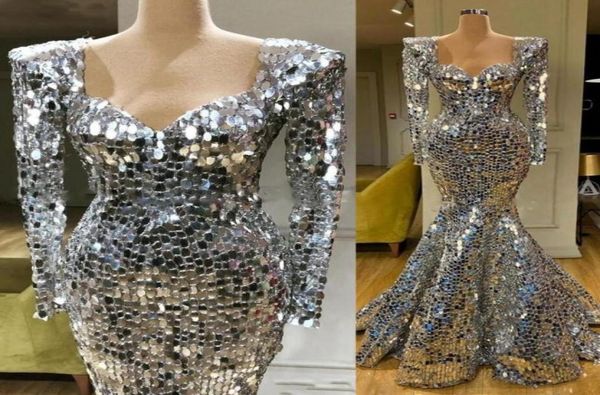 

2022 sparkly sequined silver mermaid prom dresses long sleeves arabic evening dress dubai long elegant women formal party gala gow7487636, Black