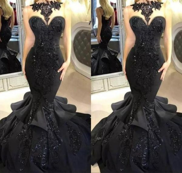 

black mermaid prom evening dresses 2019 illusion neck sequins appliqued cascading ruffled court train backless formal party g1436578