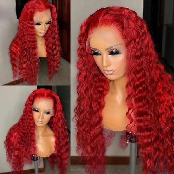 

red lace frontal wig curly human hair wigs deep wave 13x4 transparent lace front wig synthetic for black women pre plucked