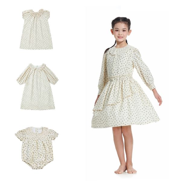 

family matching outfits lace collar summer cotton cute cherry floral teen girls dress teen set baby romper with lining #9100 230522, Blue