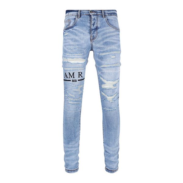 

luxurys designers mens jeans distressed united states fashion straight men biker hole stretch denim casual jean men skinny pants elasticit p, Blue