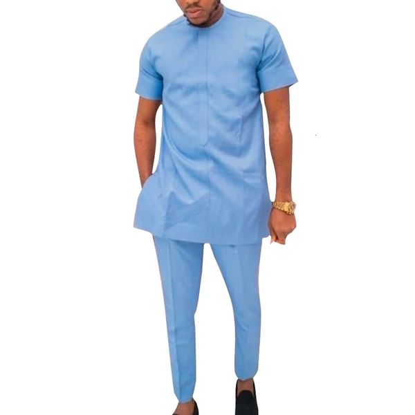 

men's tracksuits washed cotton mens short sleeve sets solid africa style groom suits nigeria fashion wedding party wear shirtspants 23, Gray