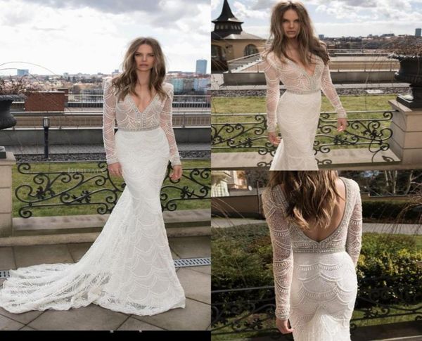 

long sleeve berta mermaid wedding dresses full lace crystal backless vestido de noiva bridal gowns deep v neck robe de mariee7098940, White