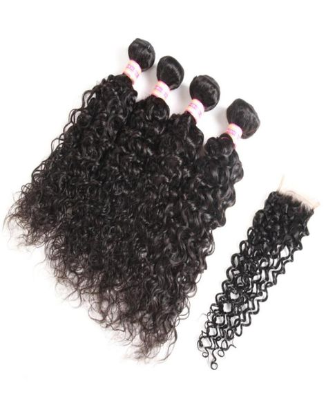 

brazilian mongolian indian peruvian malaysian water wave virgin hair bundles with closure human hair with 44 lace closure6821996, Black