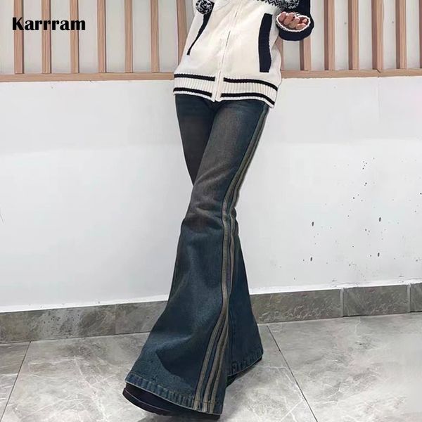 

women s two piece pants karrram grunge high waist flare jeans vintage striped denim y2k harajuku bell bottom 2000s skinny mopping 90s 230522, White
