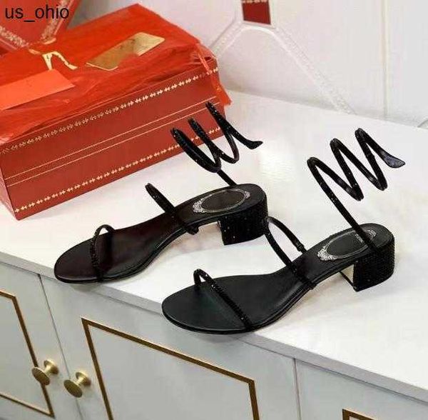 

sandals rene caovilla rhinestone chunky heel sandals women's ankle snake wrap drill cover wedding vacation girls black silver champagne