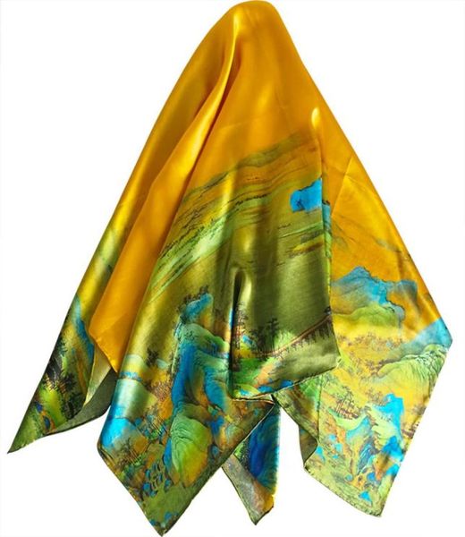 

large square silk scarf foulard kerchief for women female satin hair scarves unique hijab printed hill trees 858 b35701673, Blue;gray