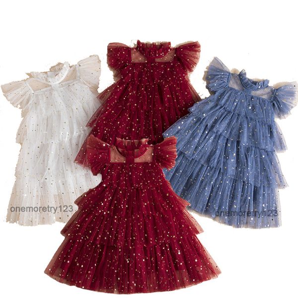 

fashion baby girl star sequins tulle dress 2-7 years children flying sleeve designer cake skirt kids summer princess dresses, Red;yellow