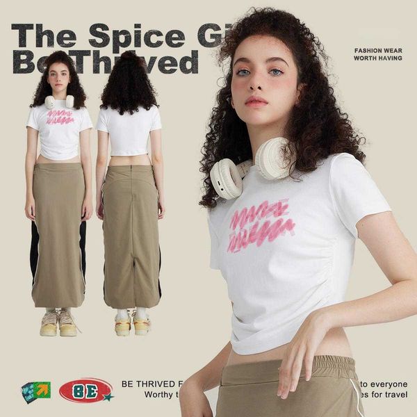 

be women's 2023 summer 220g british print side fold waist design spicy girl short sleeve slim fit white slim-fit t-shirt letter print