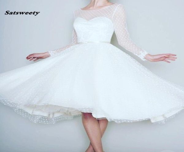 

1905039s vintage white long sleeve short wedding dress women bridal dresses tea length retro dotted wedding gown spring new4931257