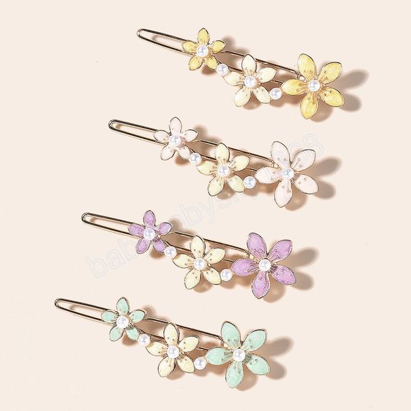 

4pcs women elegant flower hair pin fashion metal side bangs clips imitation pearl hairpins bridal wedding hair accessories, Slivery;white