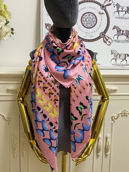 

women's square scarf scarves shawl 100% twill silk material pink pint letter butterfly pattern size 130cm- 130cm, Blue;gray